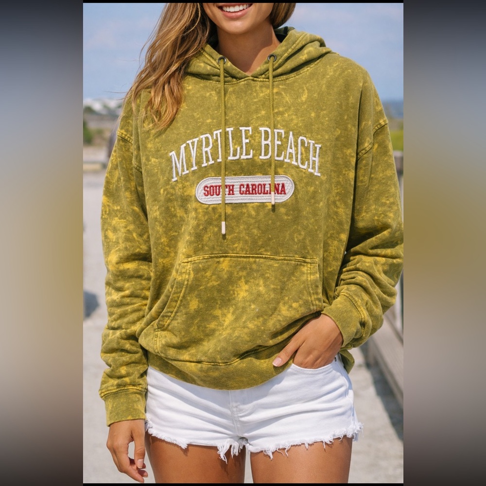 Myrtle Beach South Carolina Olive Green Mustard Acid Wash Hoodie Vacation Size L
